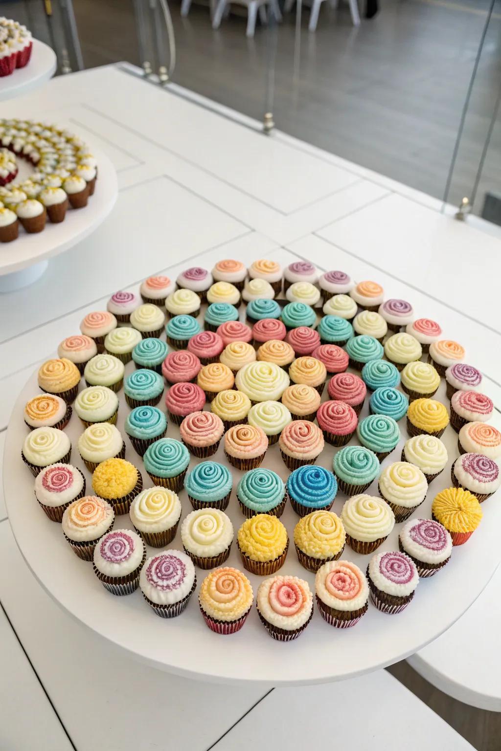 Cupcakes arranged in geometric patterns for a contemporary and artistic presentation.