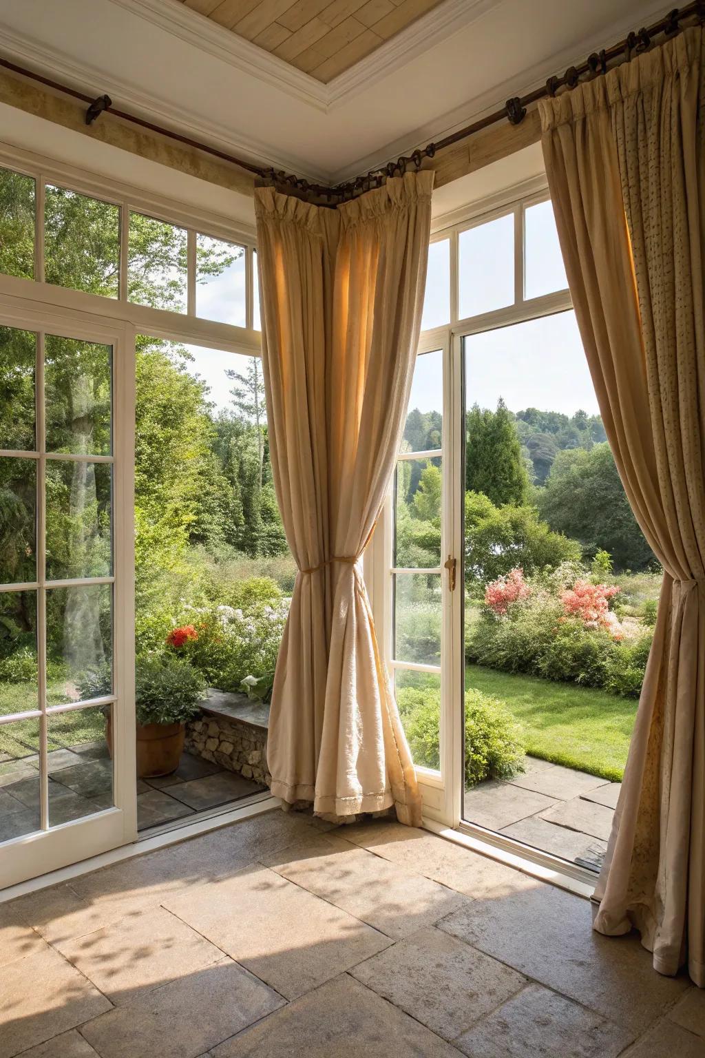 Earthy tones in curtains bring warmth and harmony to your sunroom.