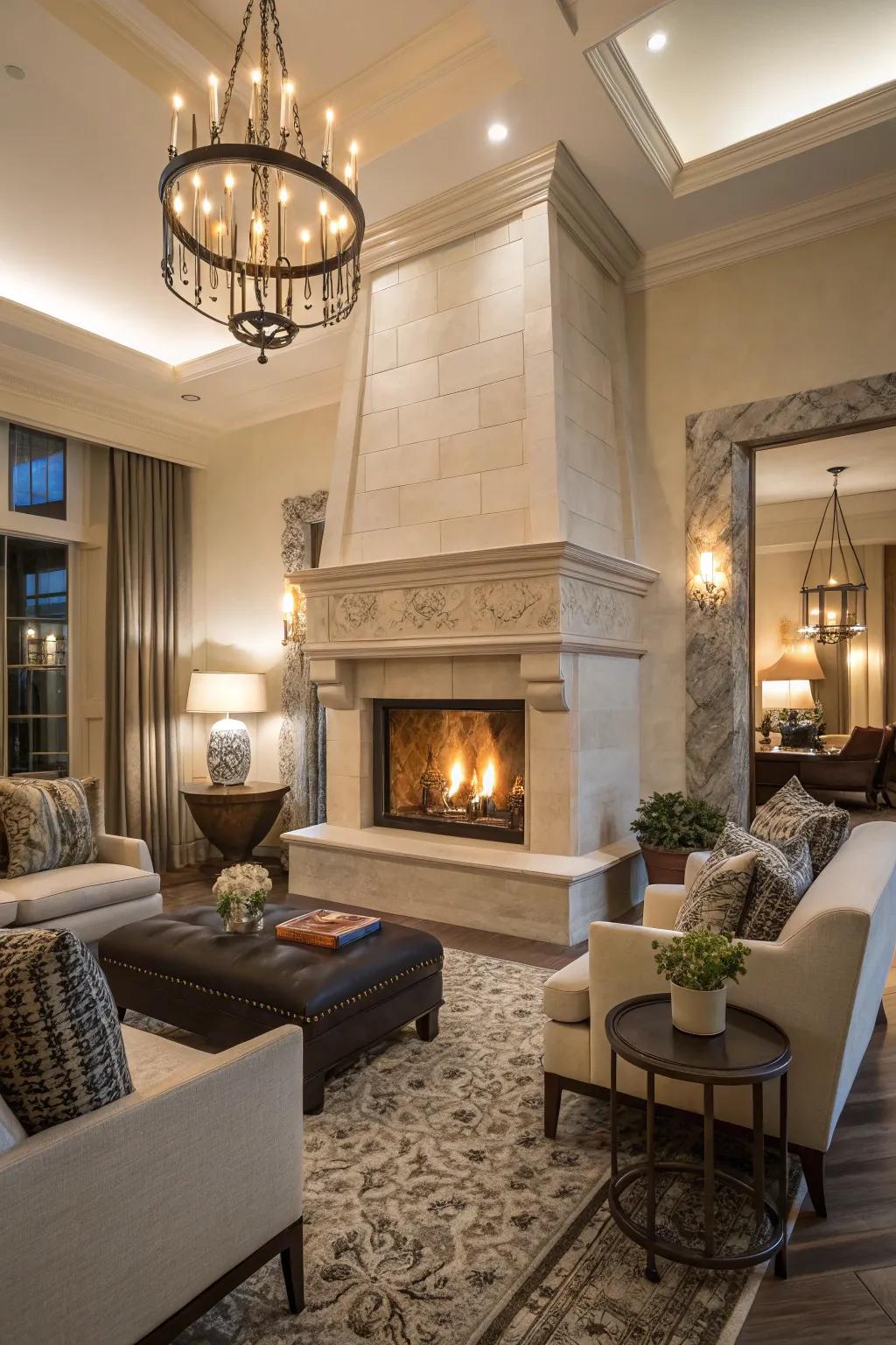 A panoramic fireplace that serves as a captivating centerpiece.