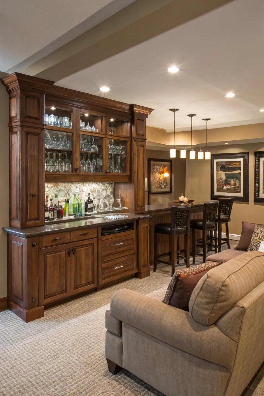 A home bar seamlessly integrated into the room's d&eacute;cor.