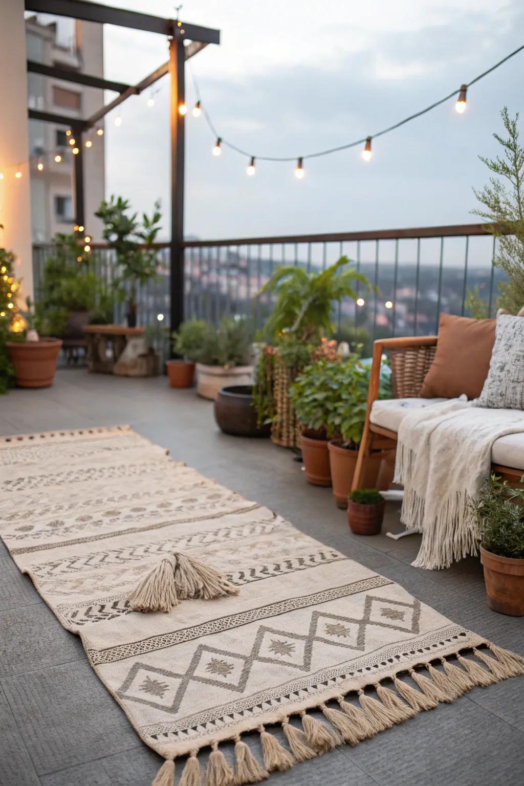 Bohemian fringe carpets lend texture and relaxed charm to outdoor locations.