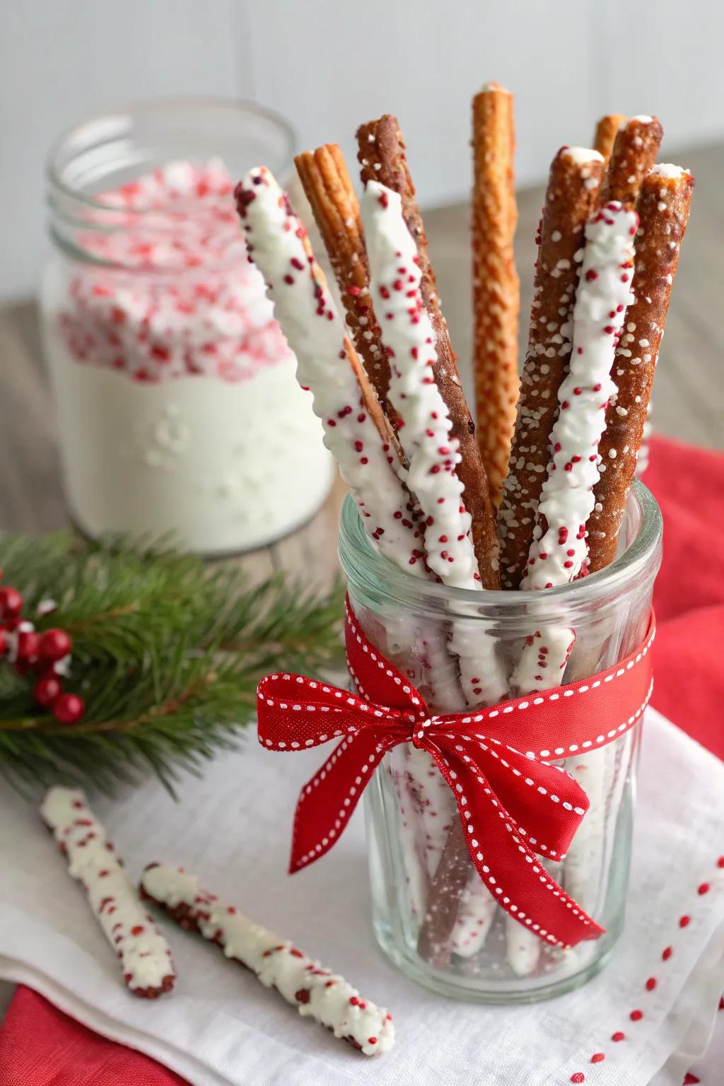 Delectable minty pretzel sticks ready for holiday enjoyment.