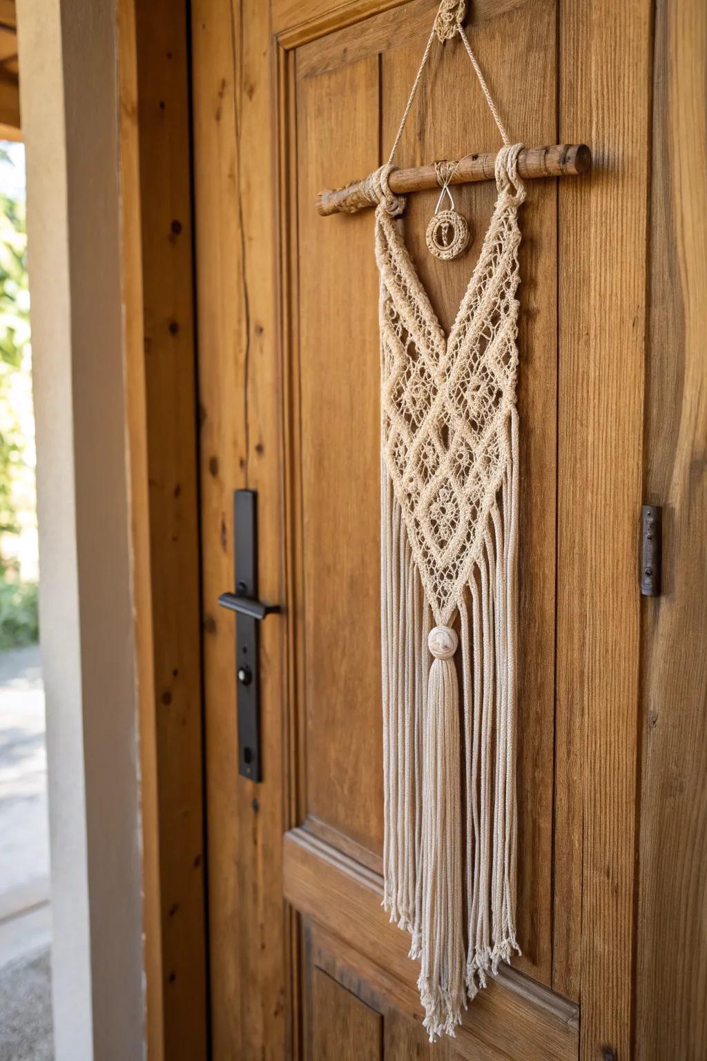 A boho macram&eacute; door hanger for a touch of texture and style.