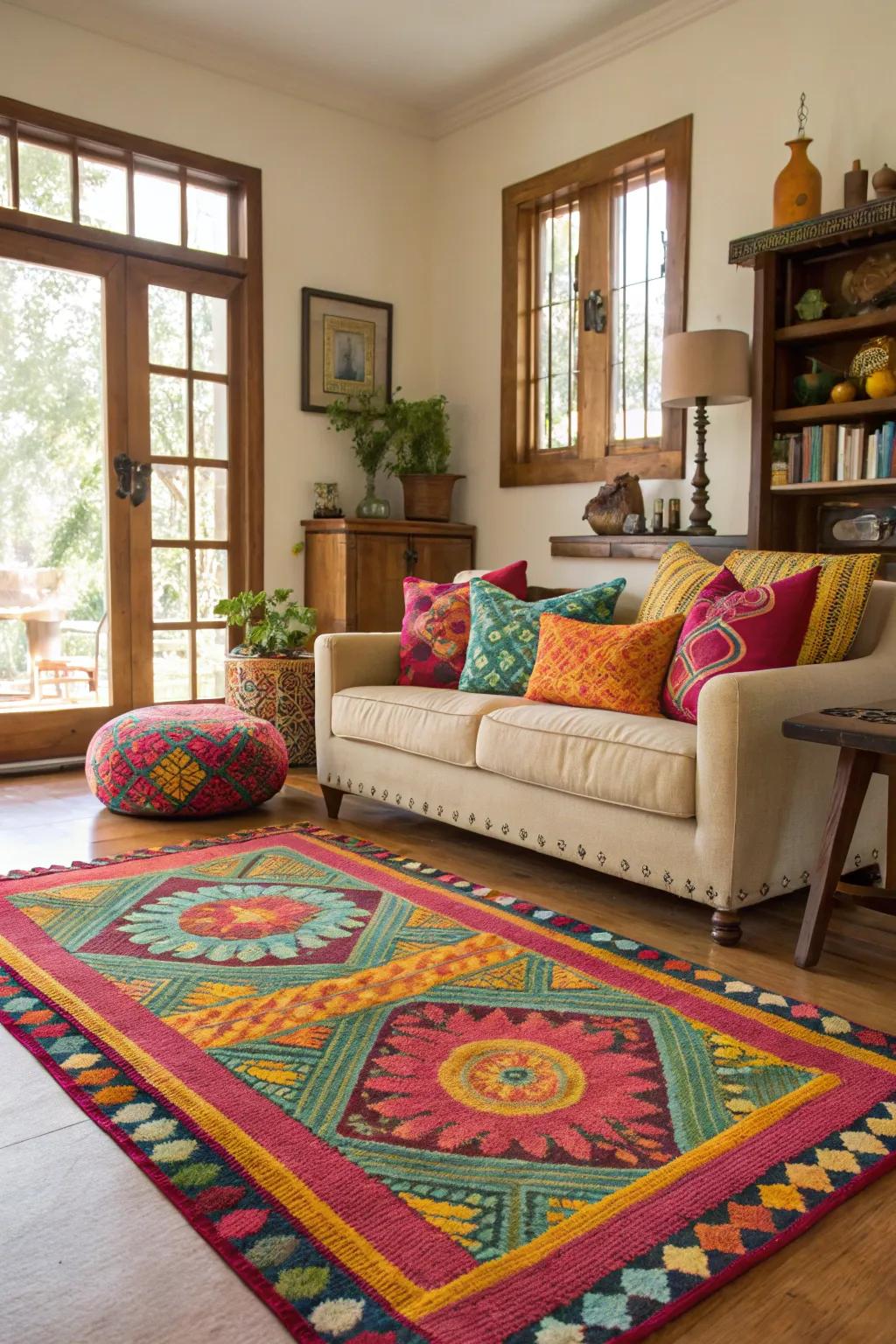 Personality brought to space with accent pieces like vibrant floor coverings.