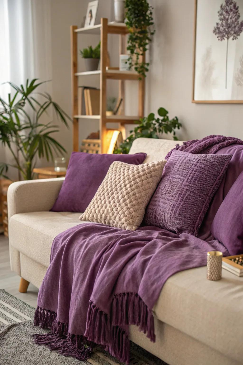 Amethyst toss pillows adding vibrant pops of color.