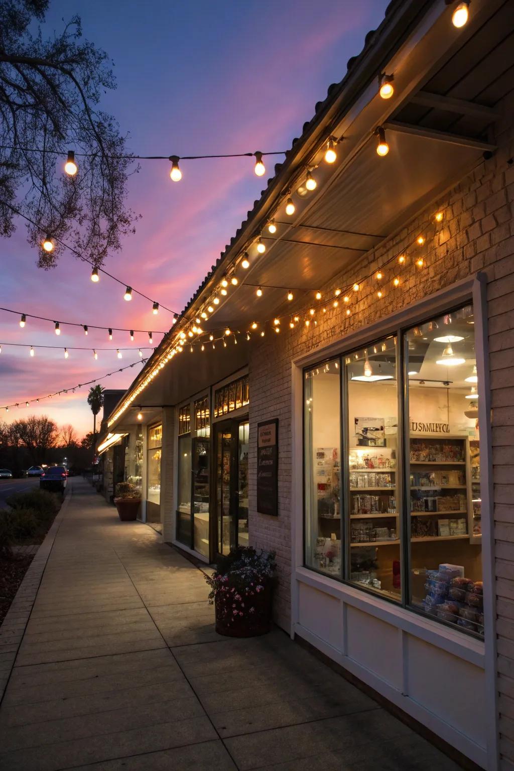 A shopfront bathed in warm fairy lights, emitting a cozy radiance.