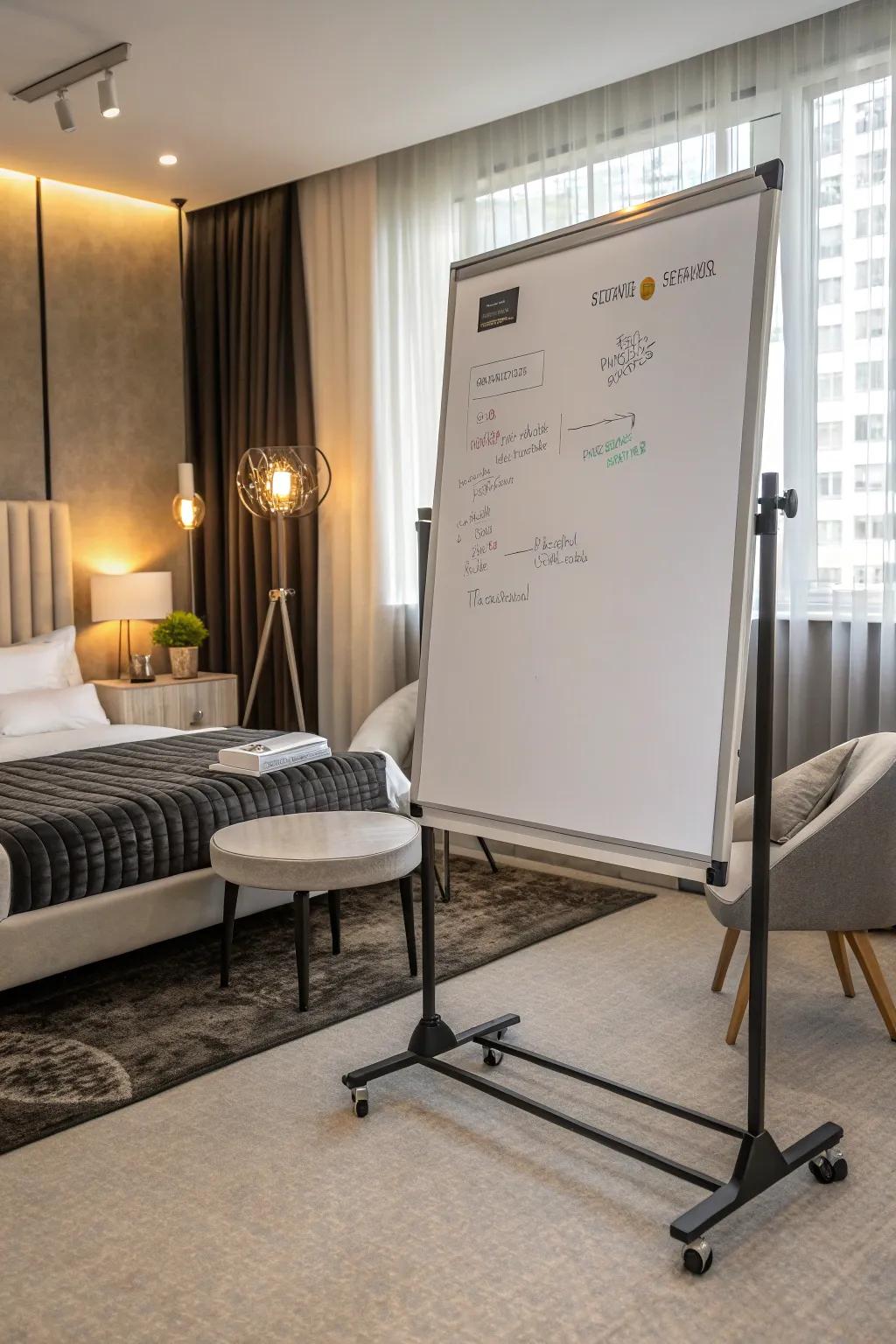 Add warmth with a whiteboard covered in fabric.