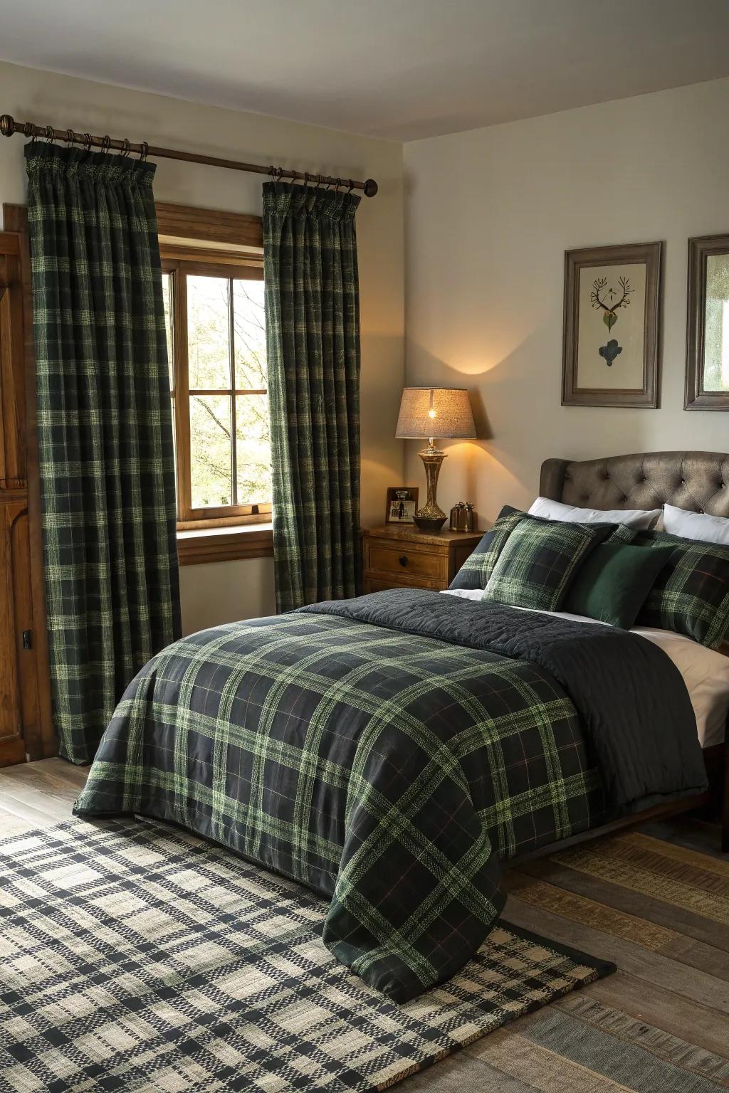 Plaid textiles convey a cozy, cabin-inspired sensation.