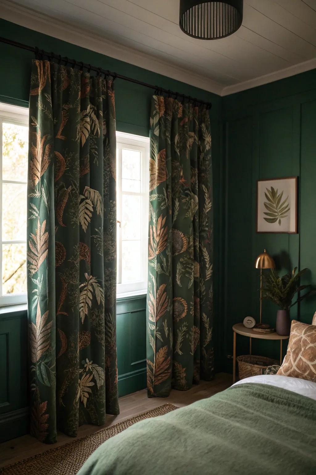 A shadowy jade bedroom with botanical print window coverings adding a touch of nature.