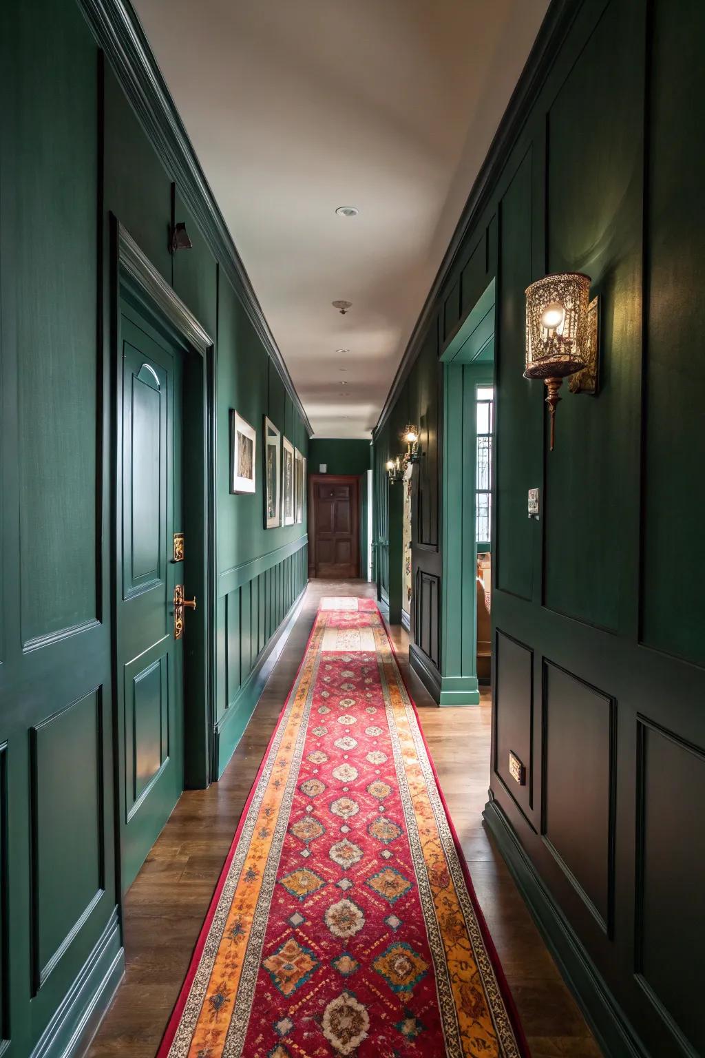 A hallway rug introduces hue to the verdant hallway.