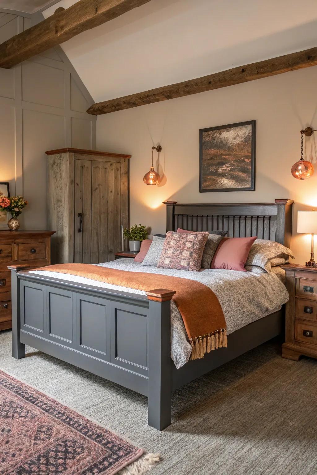 Copper highlights add warmth and beauty to a grey-themed boudoir.
