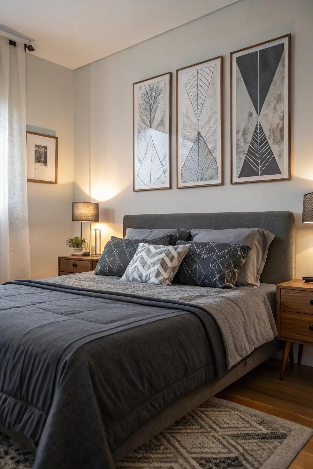 Artwork adds a personal touch and complements dark grey bedding.