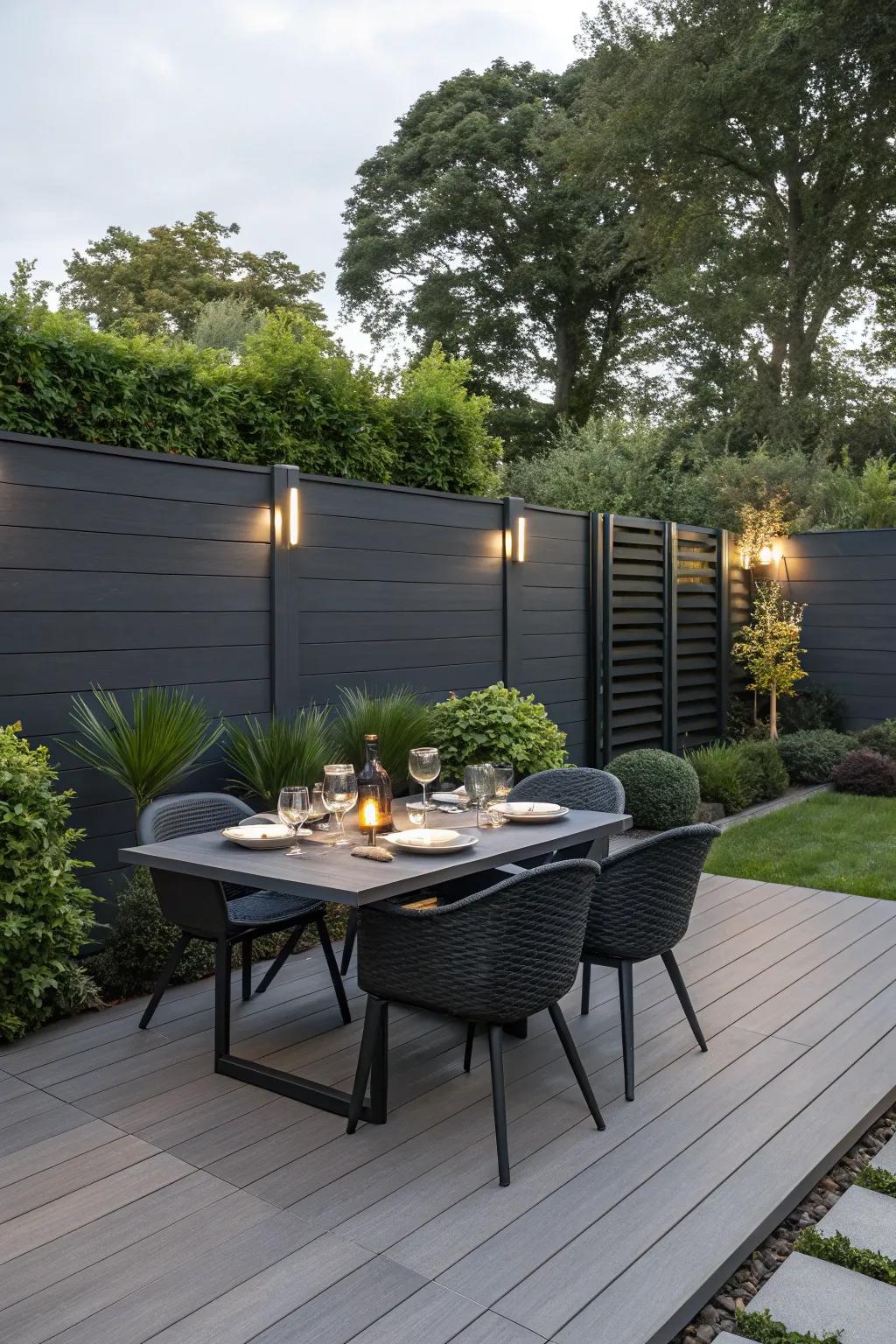 A modern terrace with a deep charcoal fence and matching decking for outdoor dining.