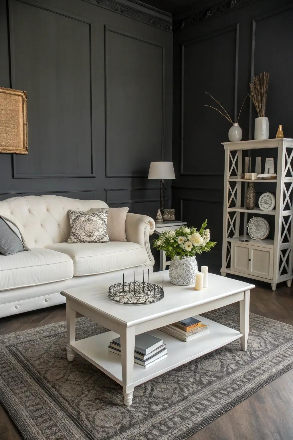 Ivory accents delivering a sharp contrast within a grey room.