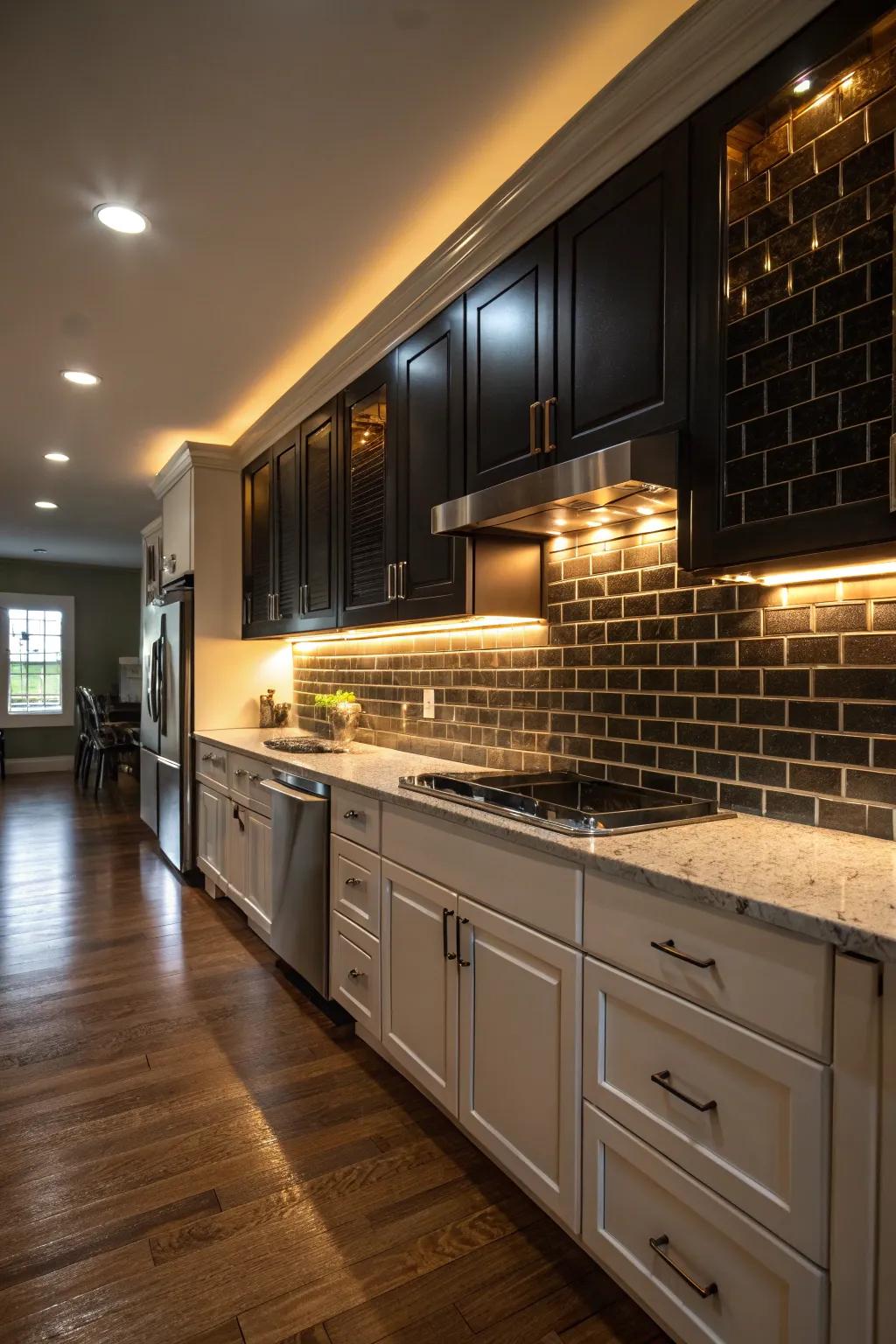 A kitchen with under-cabinet lighting highlighting the beauty of a dark backsplash.