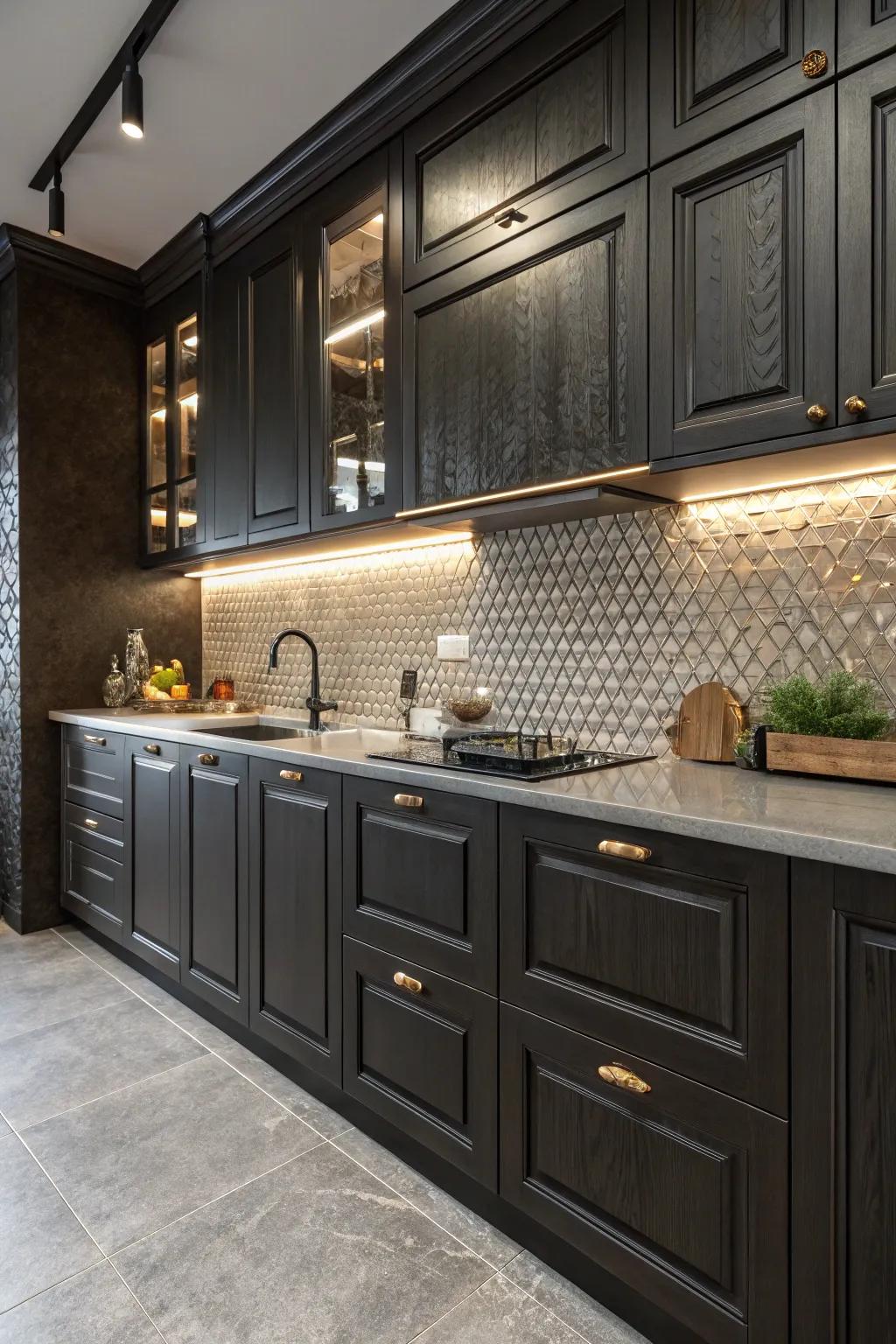 Texture blending with matte and radiant finishes adds depth to dark cabinets.