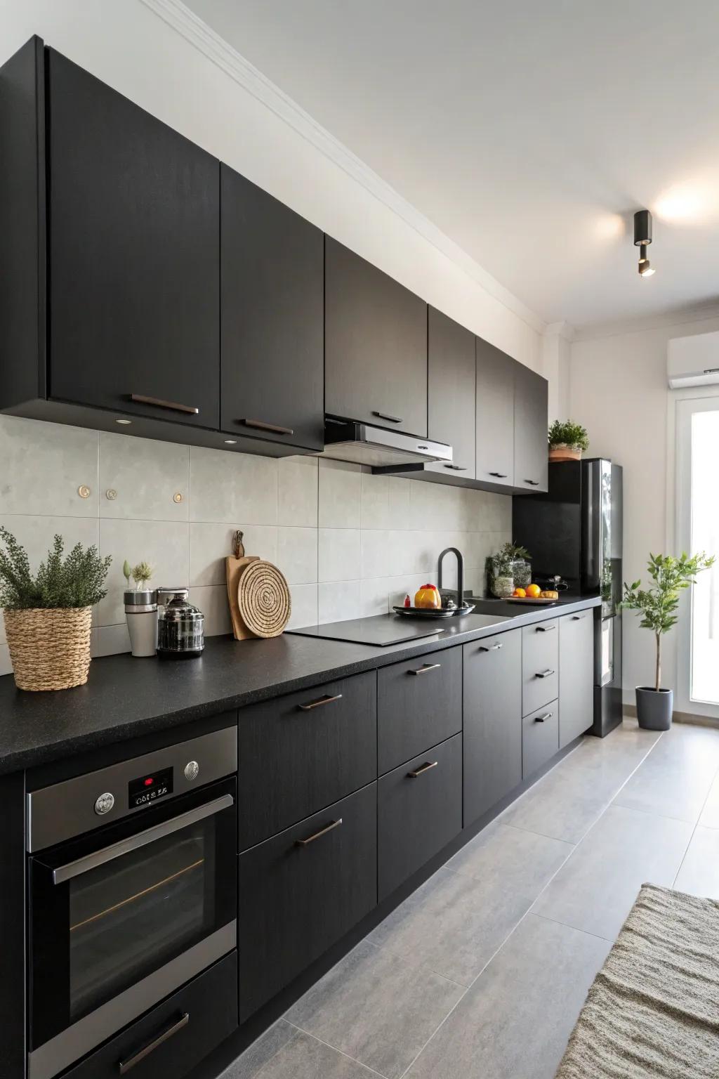 Minimalist style accentuates the sophistication of a deep-toned cooking area.