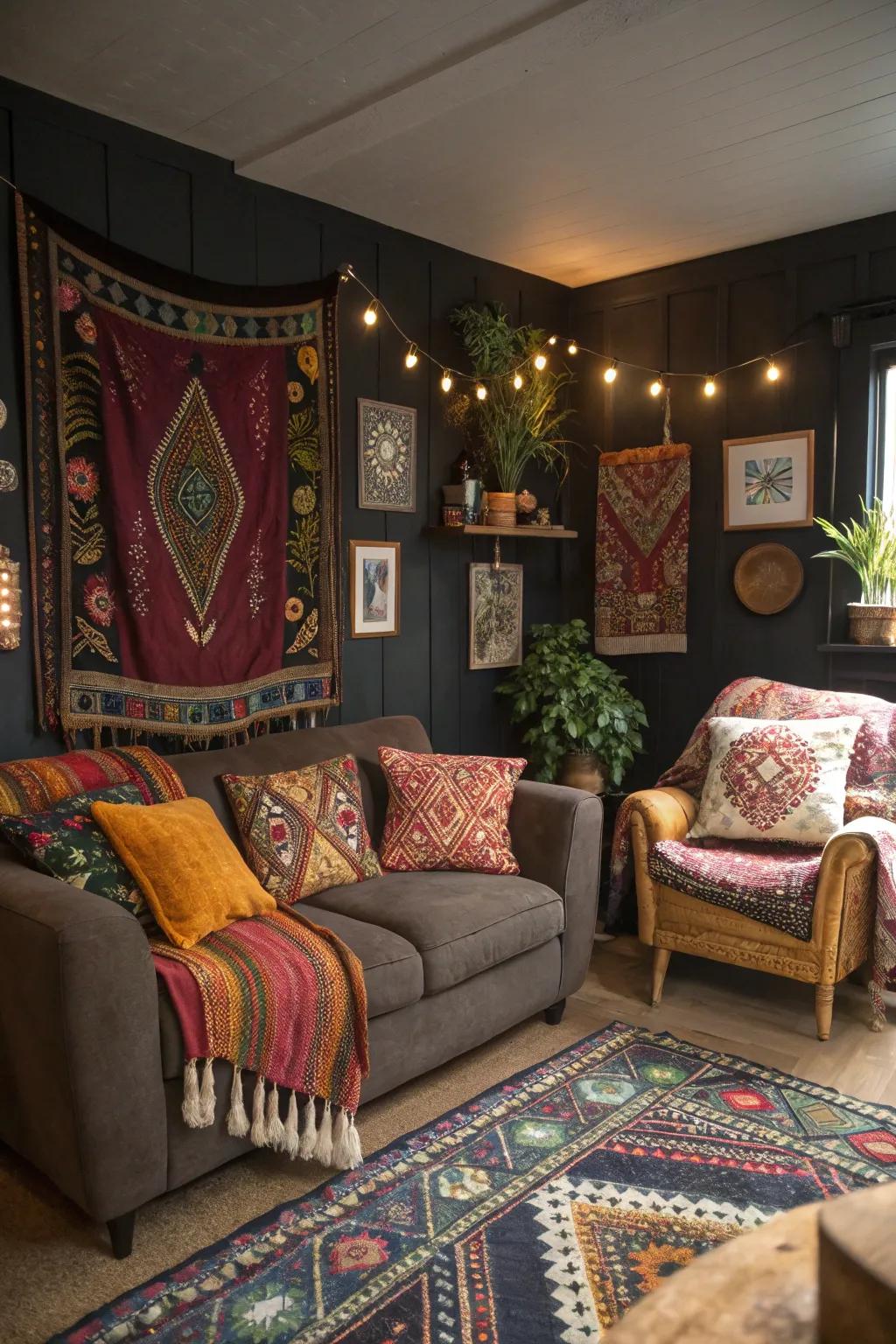 An eclectic bohemian living room full of color and texture.