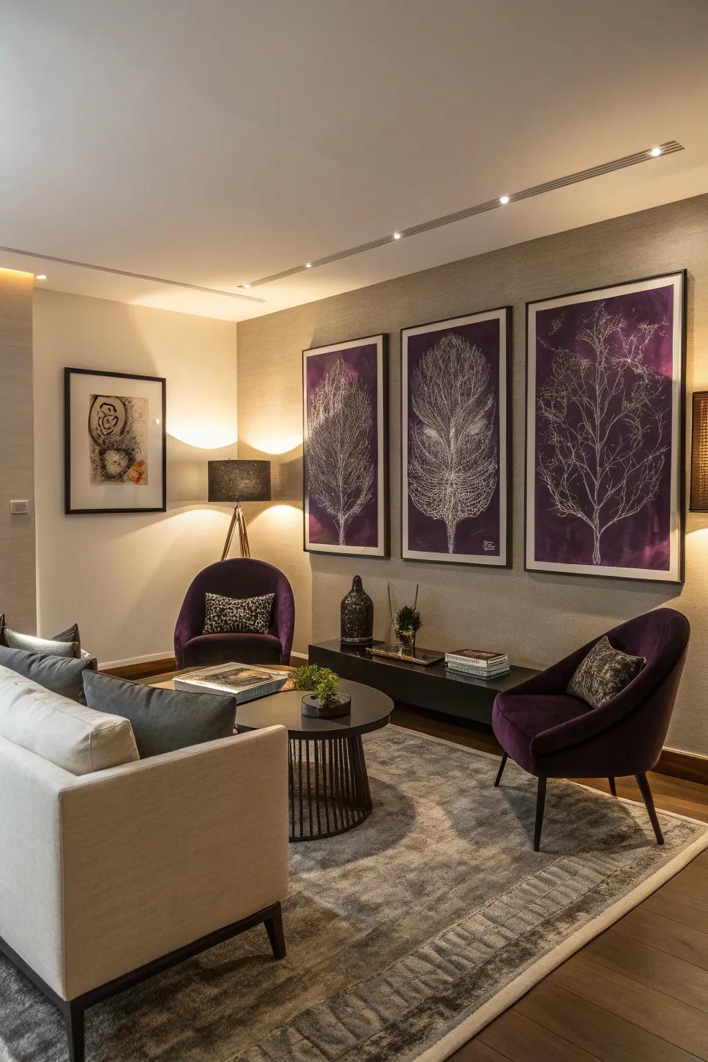 Violet artworks inject a splash of color and intrigue into this contemporary living room.