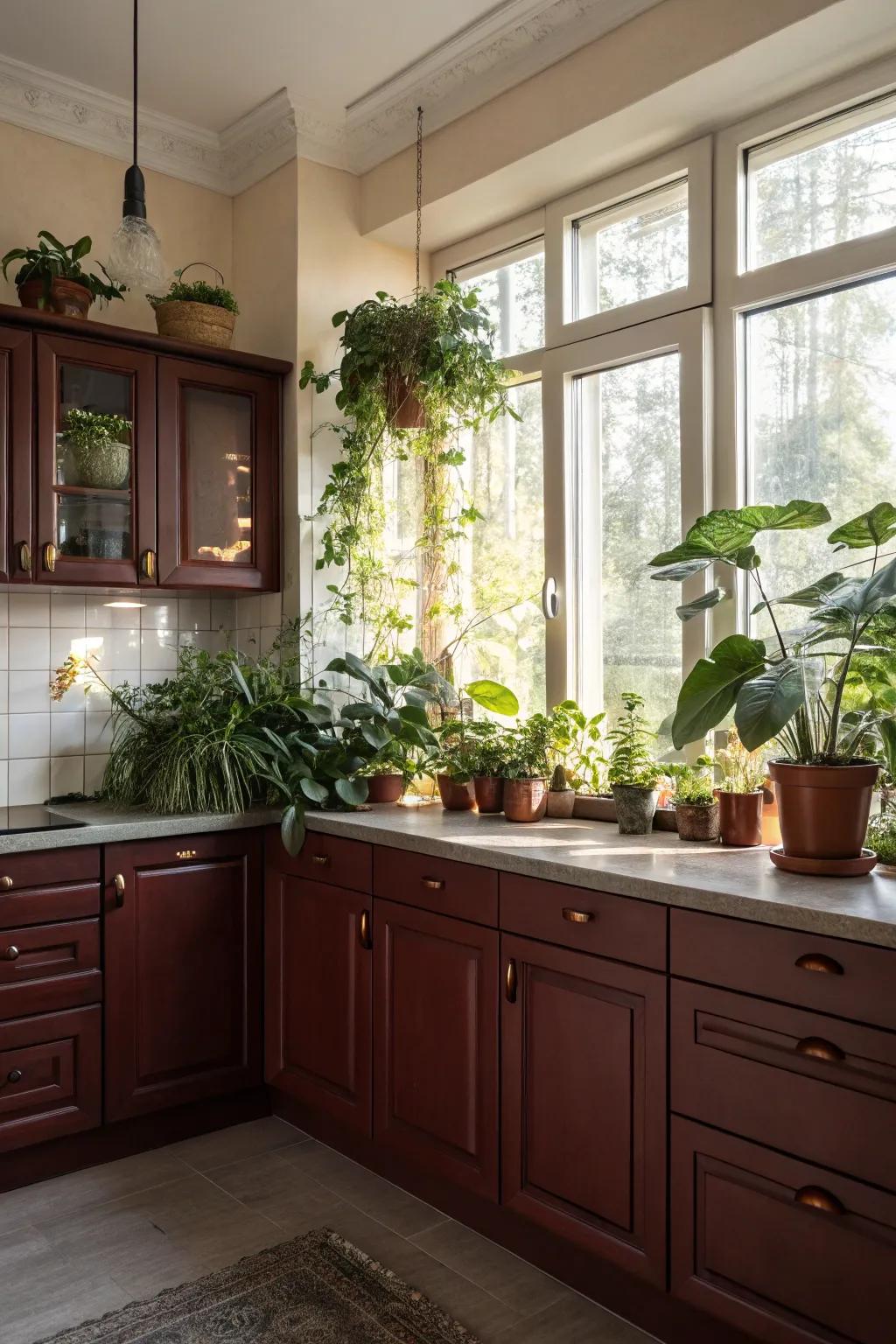 Kitchen featuring scarlet-toned cabinets enhanced by organic elements.