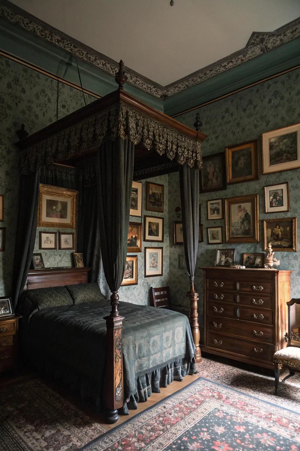 Vintage art pieces enrich the old-world charm of a shadowy vintage bedroom.