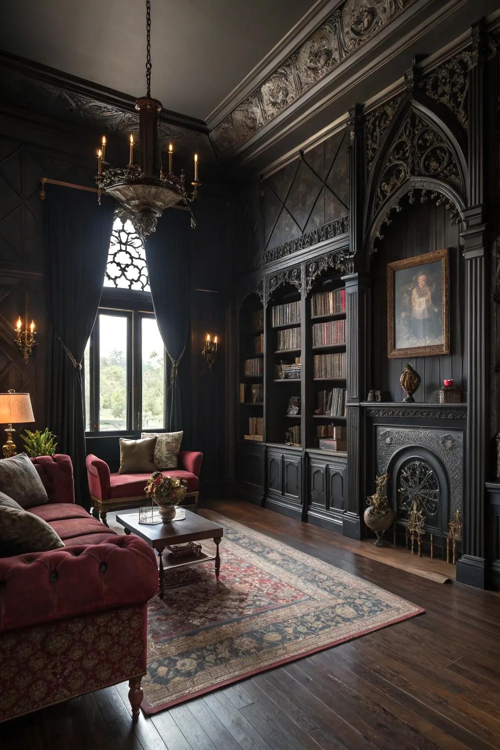 A gothic-inspired lounge with dark wood floors and antique decoration.