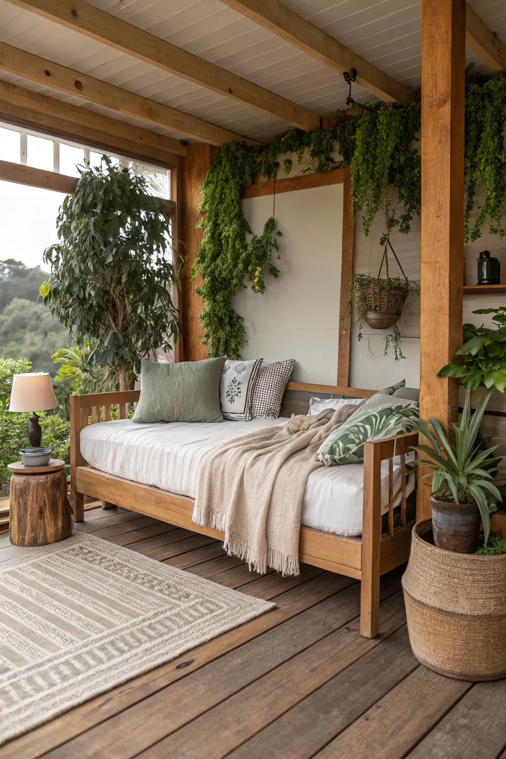 Daybed featuring organic materials and plants