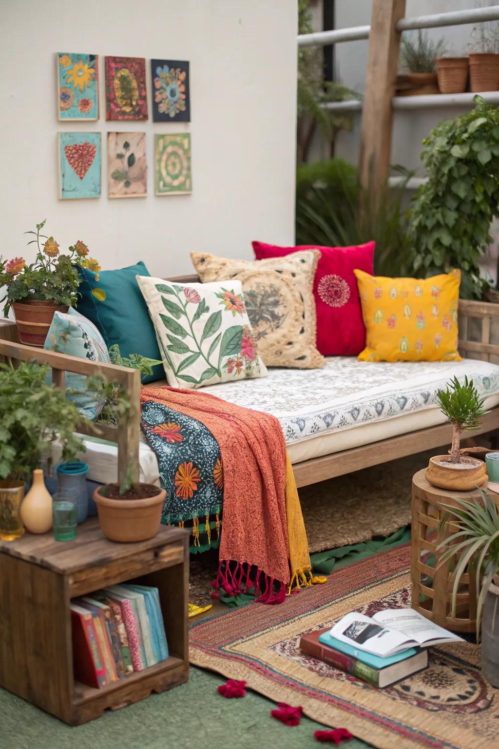 Eclectic decor touches add a unique feel to this daybed display.
