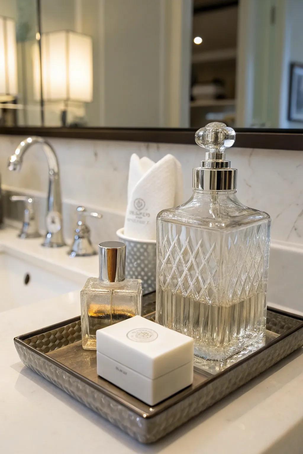 A bathroom countertop featuring a vessel as a mouthwash holder.