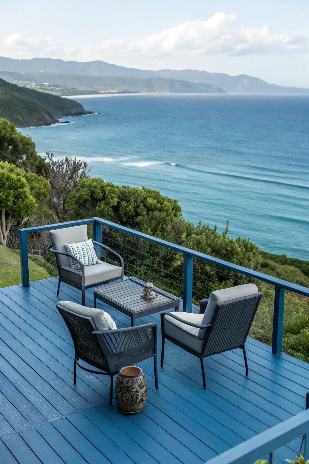 Cobblestone or azure decks extend a cool, soothing presence.