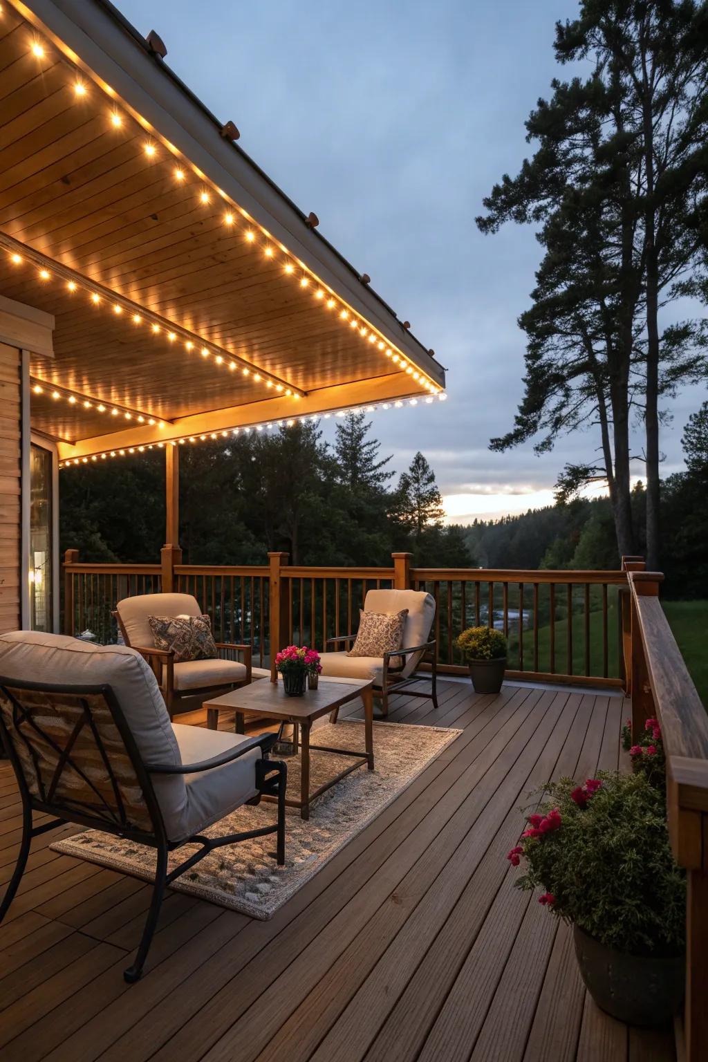 LED-lit fascia transforms your deck into a nighttime retreat.