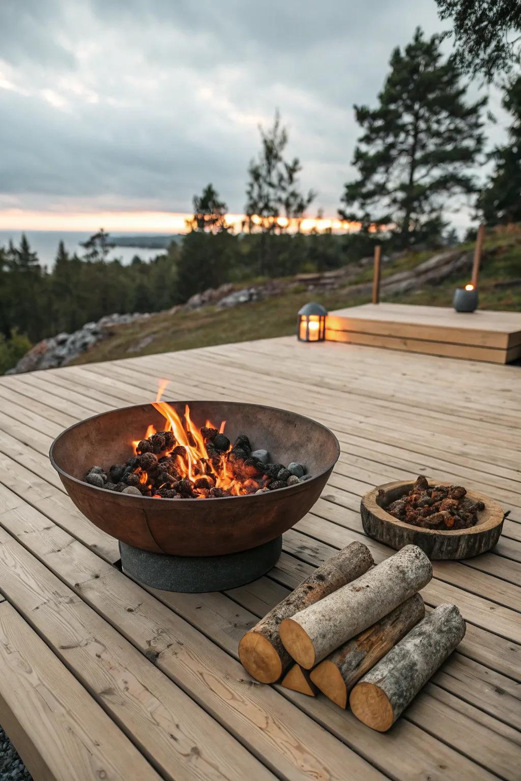 Add countryside charm to your deck with a wood-kindling hearth pot.