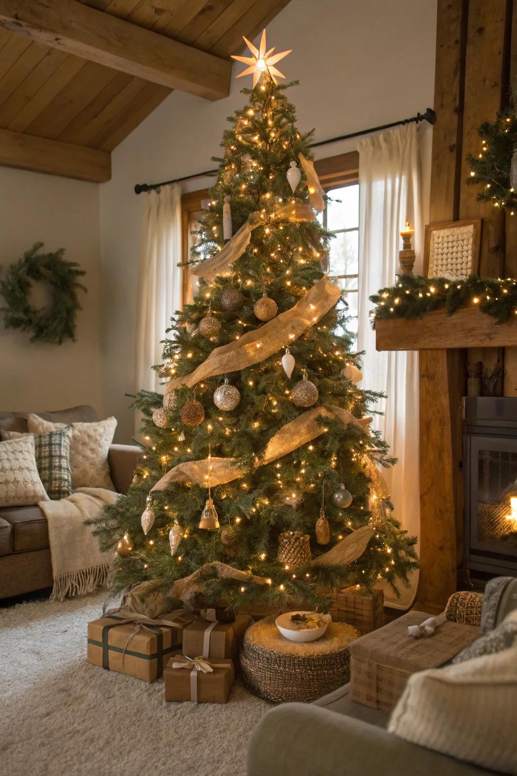 A country hideaway Christmas tree sporting warm lights and wooden decorations.