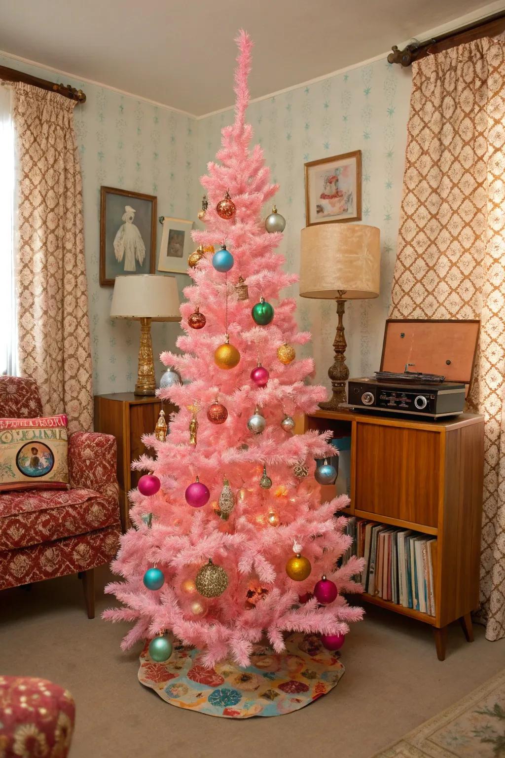 A charming retro tree with kitsch ornaments.