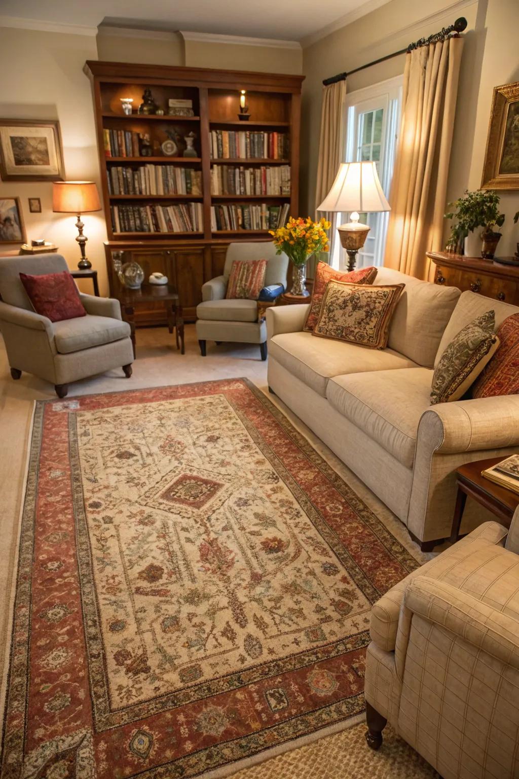 Classic carpets infuse comfort and an array of hues into rooms.