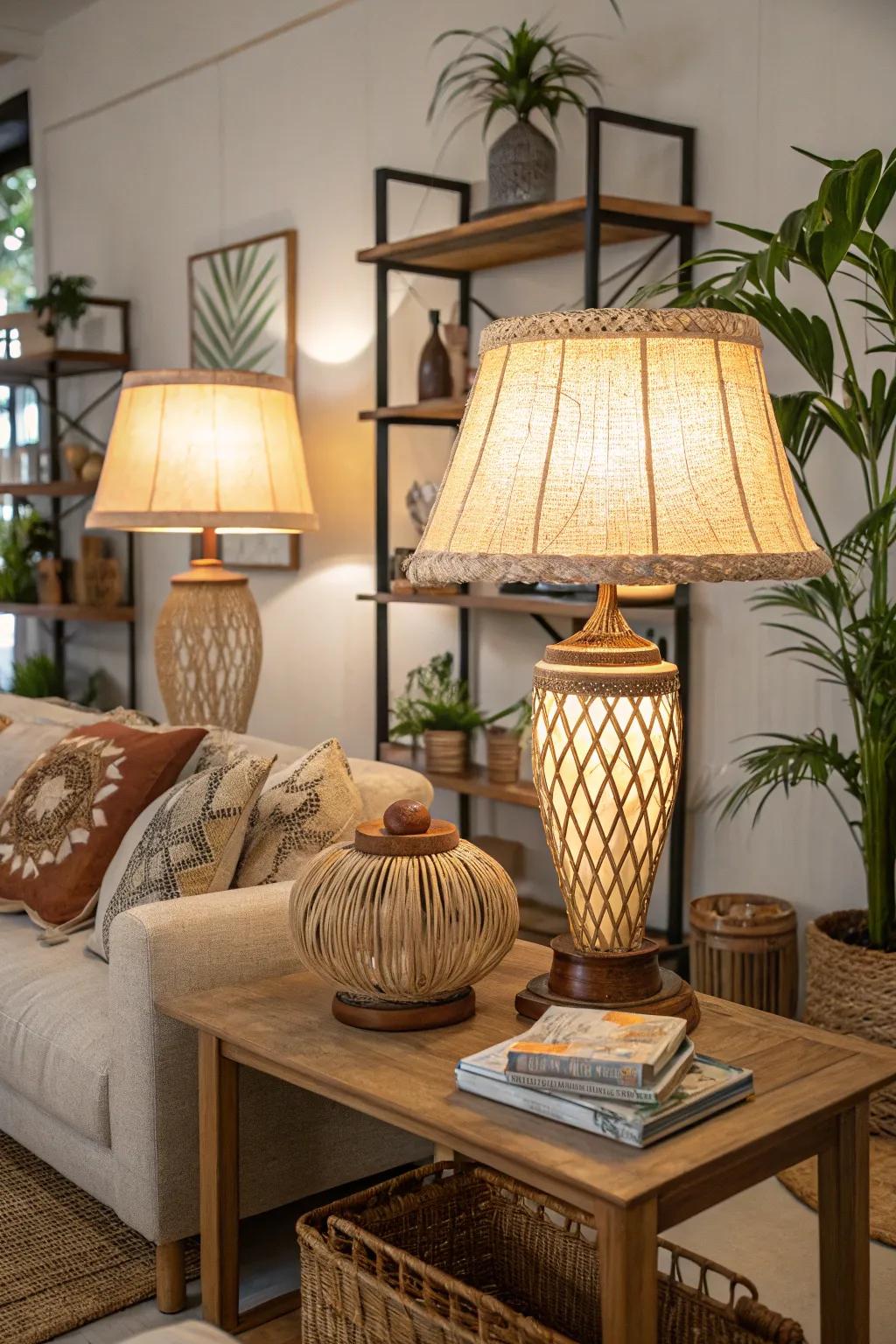 Lamps crafted from natural elements enhance warmth and texture.