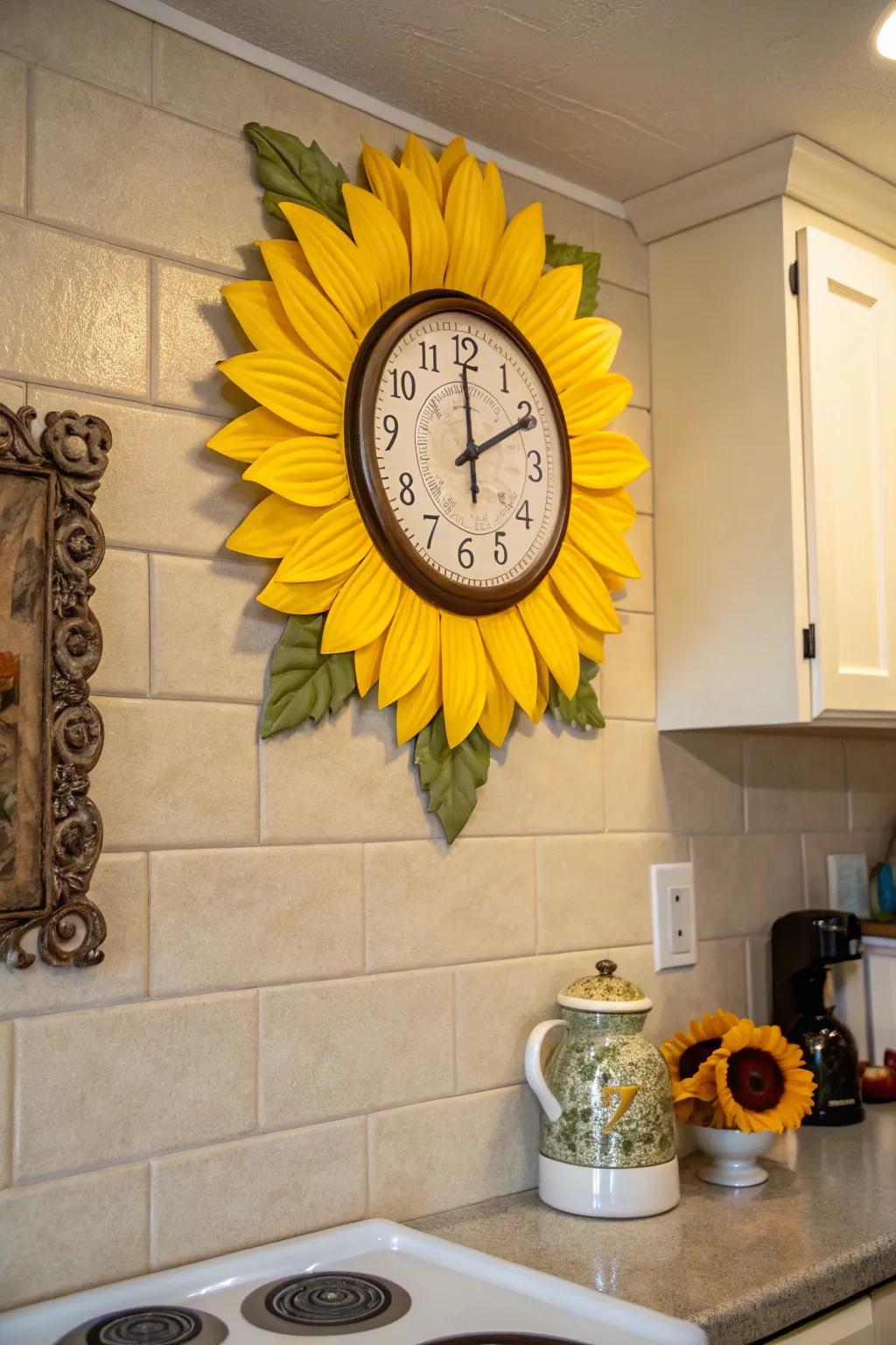 A sunflower timepiece is a playful and useful ornamental item.