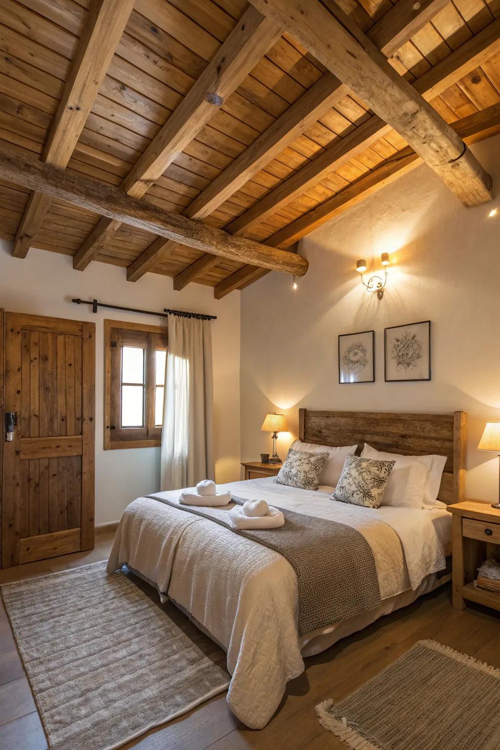 Bedchamber beams evoke a cozy and inviting sanctuary.