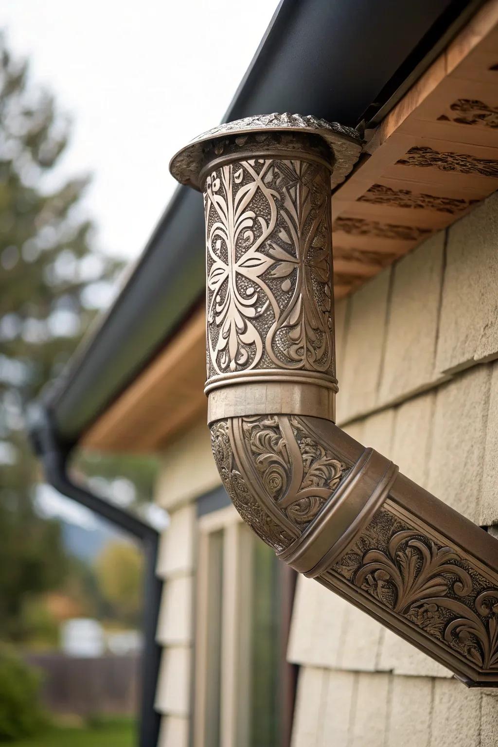 Creative features transform downspouts into artistic elements.