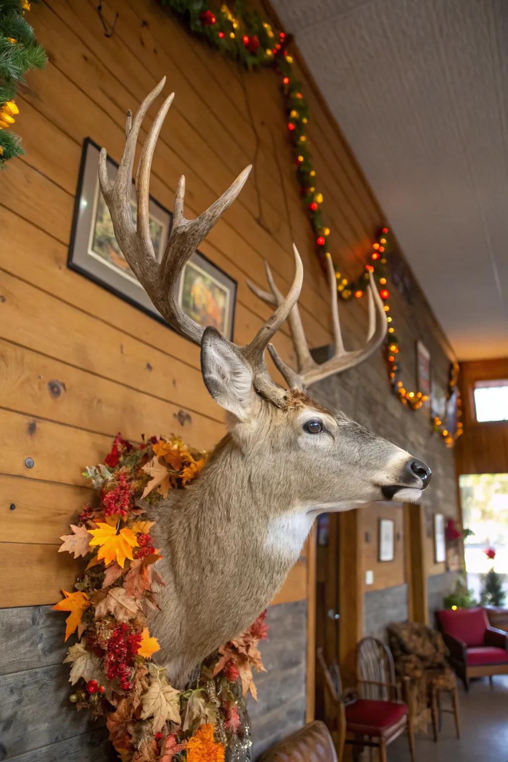 A deer mount adorned with festive decorations for year-round appeal.