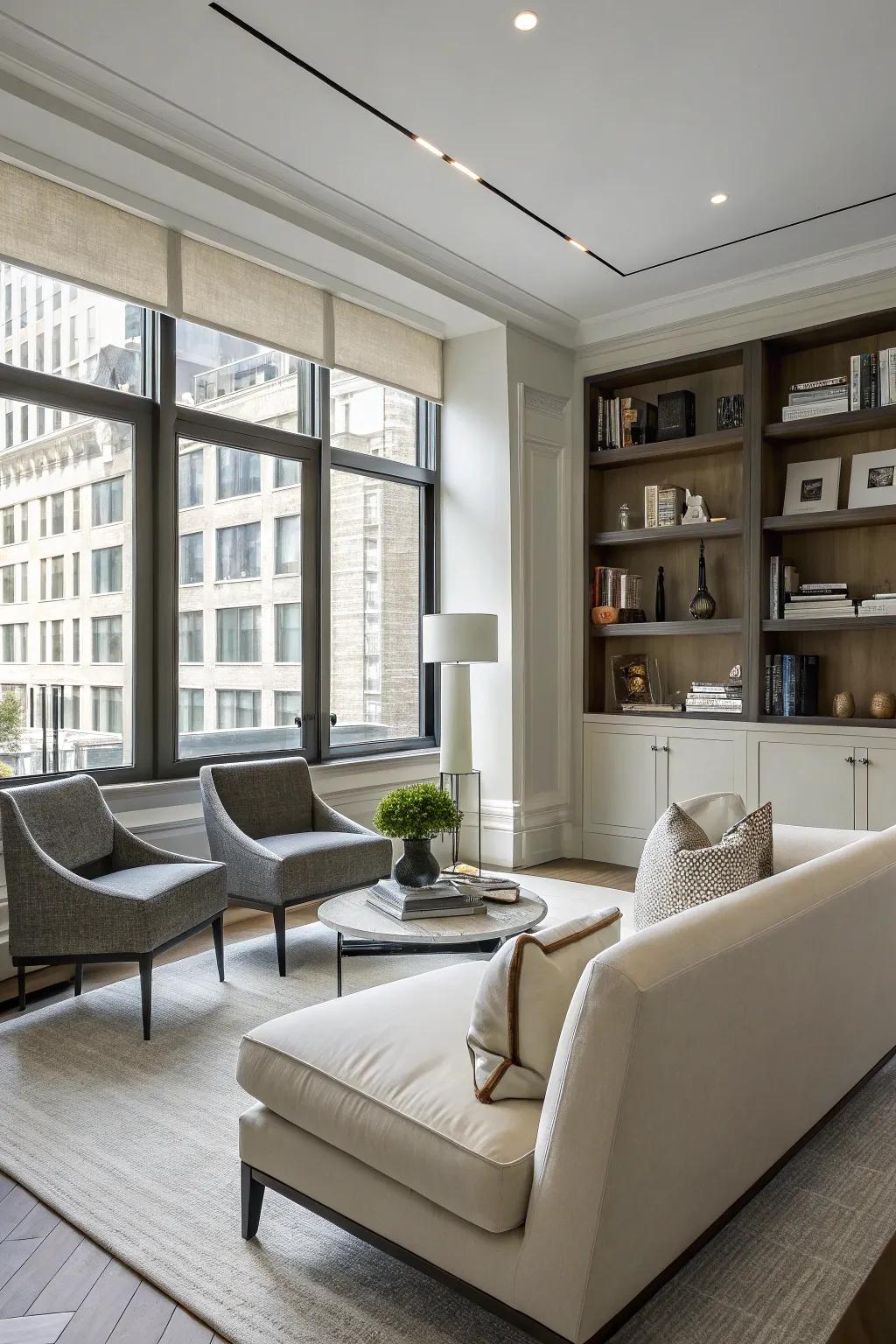 A modern den with up-to-date design highlights.