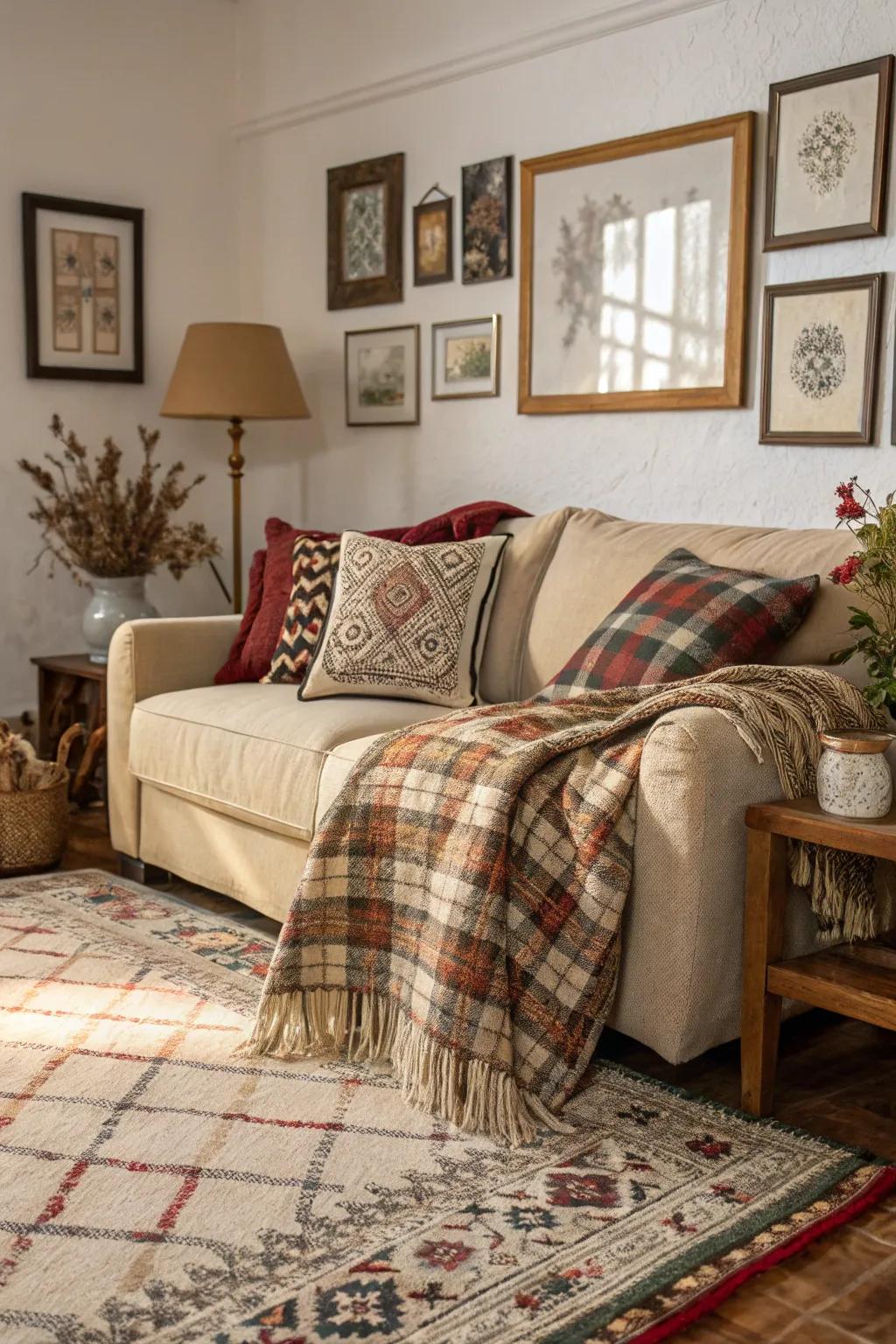 A cozy and stylish room featuring a blend of surface interests and designs.
