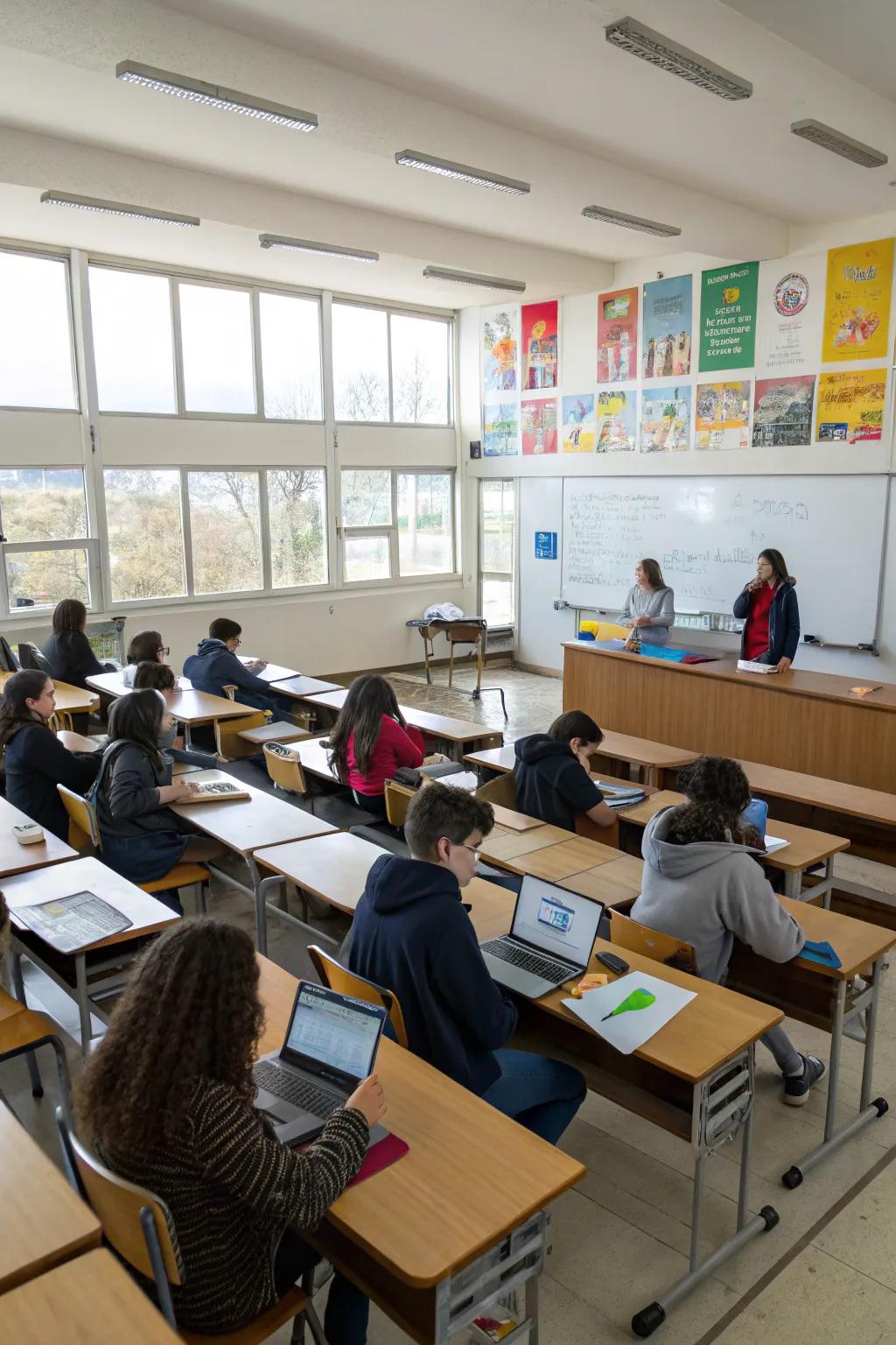 Tiered seating provides clear views and concentration for classroom presentations.