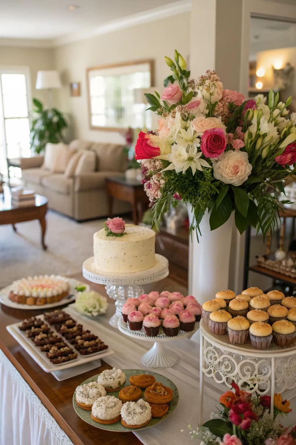 Floral arrangements add elegance to dessert displays.