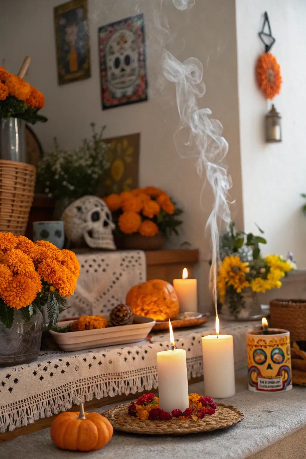 Aromatics or copal purifies the setting and engenders a soothing environment.
