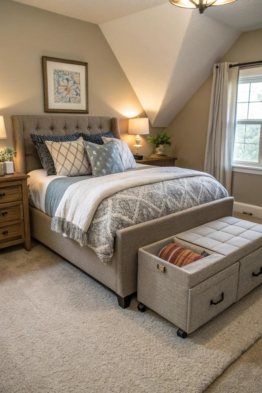 Multi-purpose furniture accents the diagonal placement of your bed.