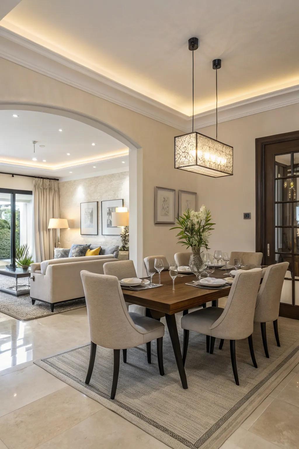 A bright, gentle color scheme that amplifies the dining area's openness.