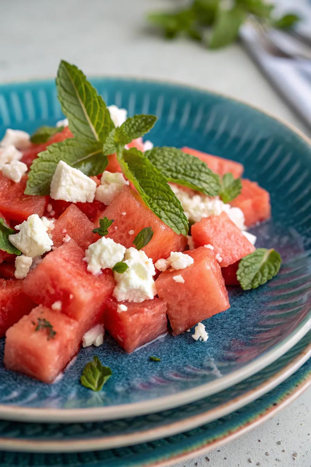 Savor the refreshing combination of watermelon and cheese in this summer salad.