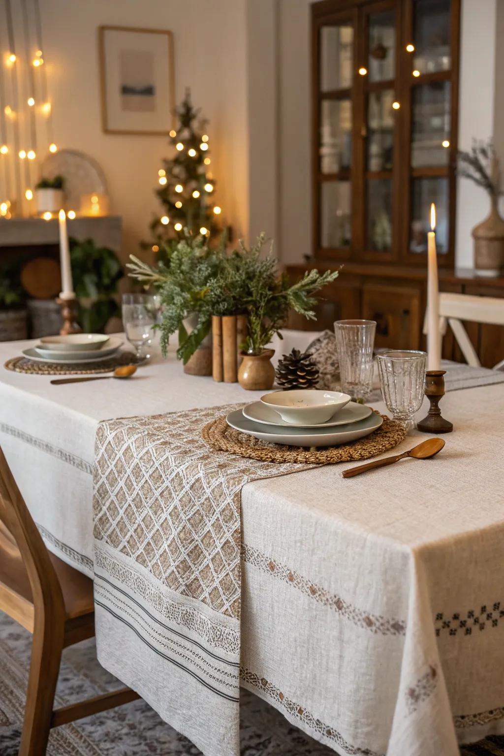 Tactile table linens enrich the table's visual allure.