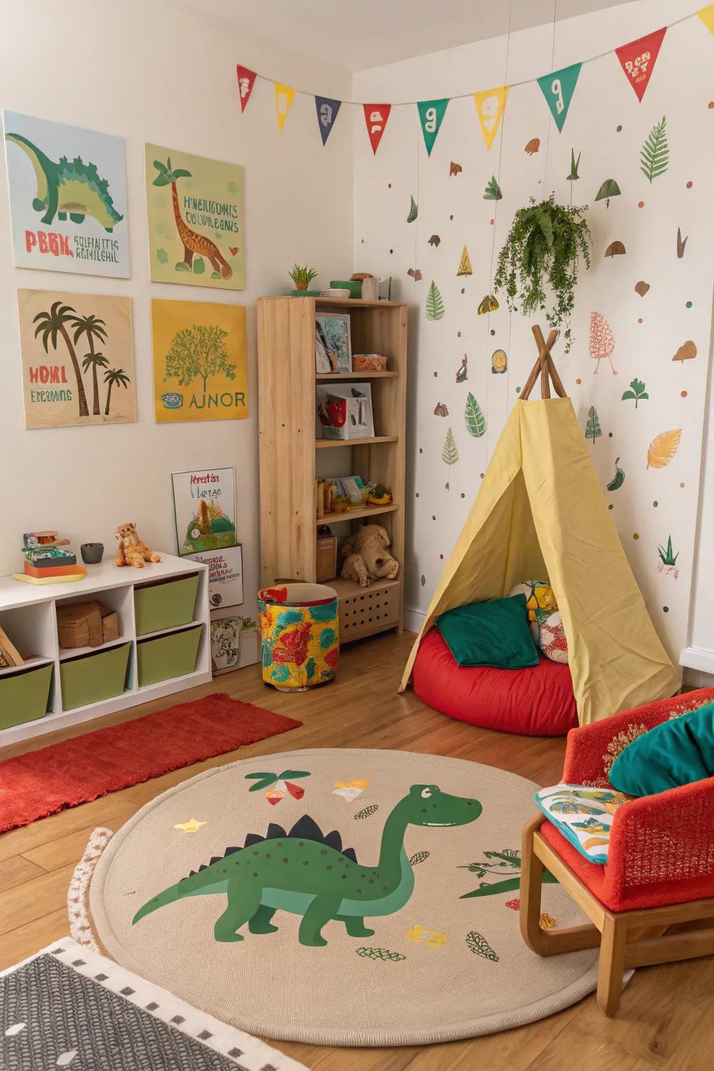 A creative furniture layout promoting imaginative engagement and interactive play within a dinosaur-themed setting.